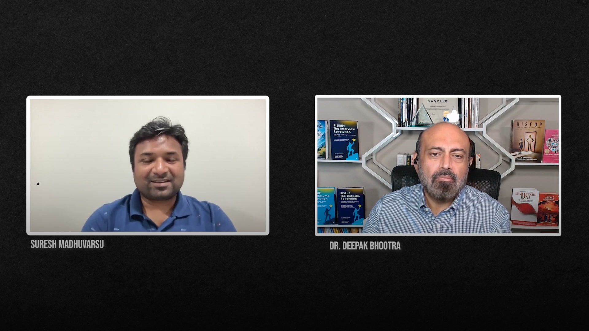 Host Suresh Madhuvarsu and Dr. Deepak Bhootra side by side during the Revenue Under Pressure episode recording, with name banners visible